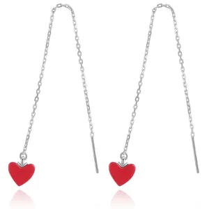 New earrings red heart plated 925 sterling silver peach heart earrings female long red wild Jewelry