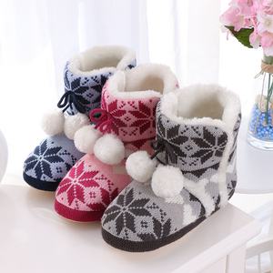 Snowflake Knitted Winter Warm Home Slipper Booties Indoor <strong>Boots</strong> With Cosy <strong>Sherpa</strong> Lining and Non-slip TPR Out Sole - Product Image 1