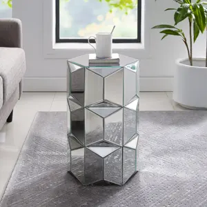 Mesa auxiliar con espejo para sala de estar, mueble con cilindro hexagonal de 3 capas, con espejo plateado