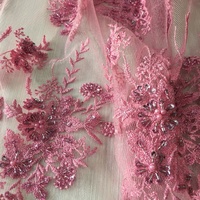 Tela de Tul Rosa de Lujo con Bordado a Mano, Lentejuelas y Cuentas, para Vestidos, Zapatos y Bolsos de Novia - 100% Poliéster