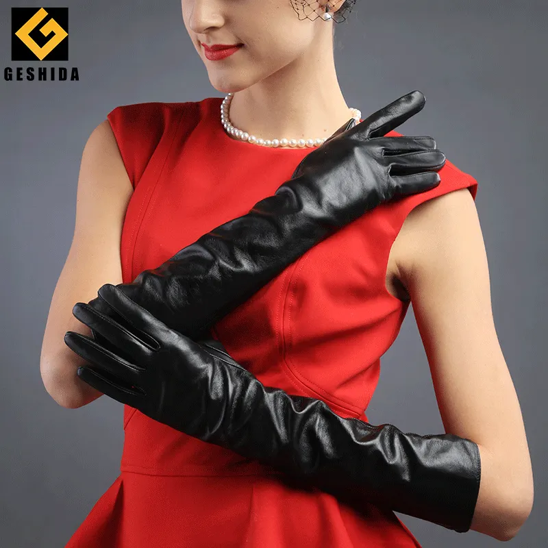 Женские длинные кожаные перчатки, теплые зимние перчатки для сенсорных экранов