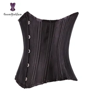 Boyutu XS 6XL Çelik Kemikli Underbust Waspie Korse Siyah Brokar Karın Kontrol