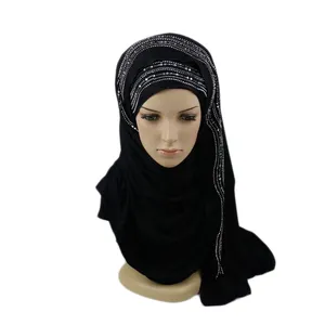 High Quality Black Muslim Jersey Cotton Hijab Scarf With Stones Plain Shawls And Scarves