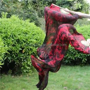 Belly Dance Silk Fans, Belly Dance Nice Tye dyed Silk Fan Veils, 1.8*0.9M, High Quality Tie-dyed BLACK/RED