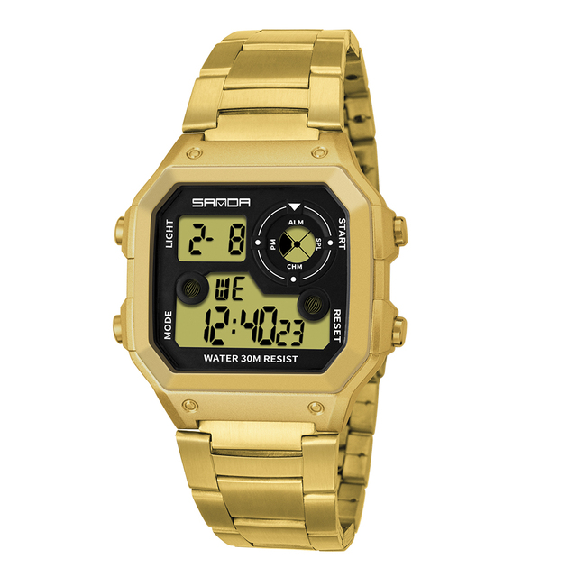 Sanda 408 Brand Fashion Square Led Electronic Watches Men Sports Luxury Stainless Steel  Waterproof Men Digital Wrist Watch