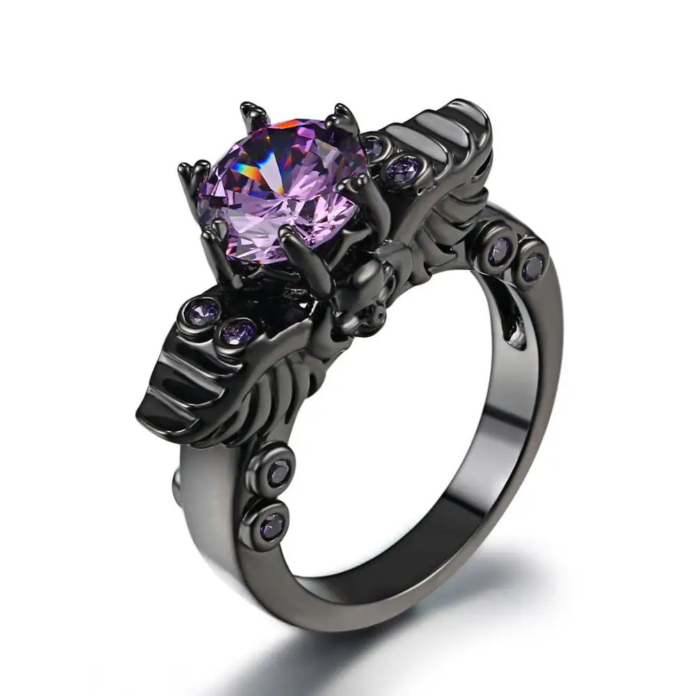 Púrpura de cristal personalidad esqueleto negro Color oro fiesta de cóctel anillos para mujer al por mayor de calidad superior R623