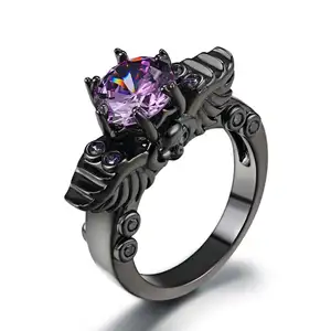 Purple Crystal Personality Skeleton Black Gold Color Cocktail Party Rings For Women Girl Wholesale Top Quality R623