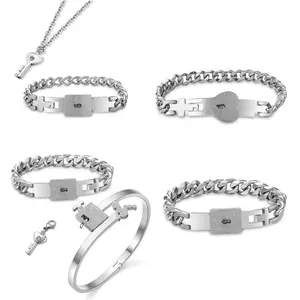 Lofasty Jewelry 时尚情人节情侣珠宝套装情侣手镯锁手镯钥匙项链套装为女性男士