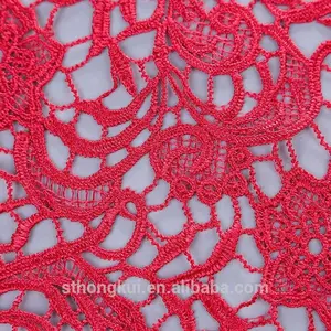 Burgundy chemical lace fabric/100 polyester embroidery lace applique crochet fabric in China