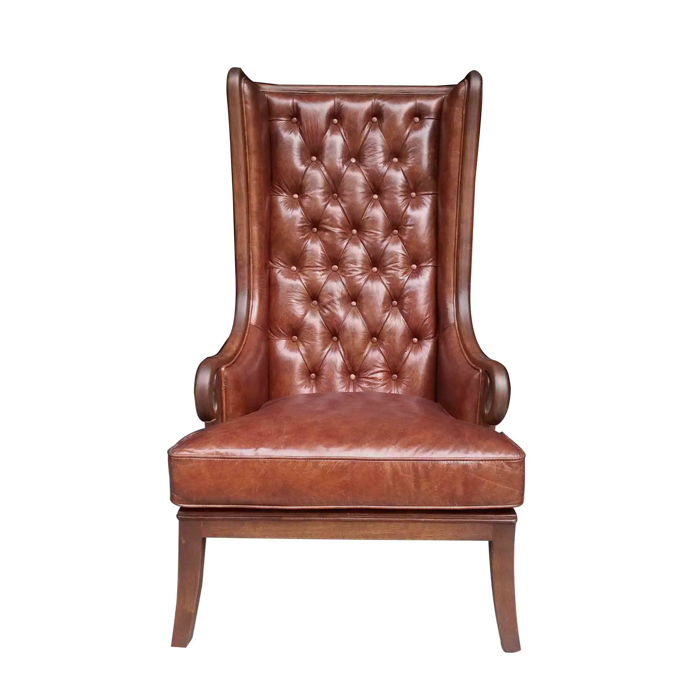 Винтажное кресло из потертой кожи с верхней отделкой, однотонное, ручная работа, деревянная рама, стеганое кресло с высокой спинкой и одним сиденьем
