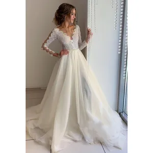 Mới Dài Tay Áo Ren A-line Wedding Dress Khiêm Tốn Tùy Chỉnh Bridal Gowns Wedding Wear