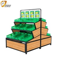 3-laags houten fruit- en groentepresentatie rekken voor supermarkten, fruit- en groentepresentatie rek, fruitpresentatie rekken