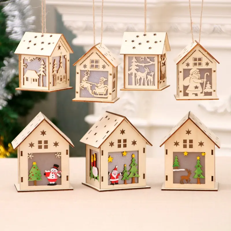 Noel süslemeleri glow ahşap ev kar ahşap kutusu otel çubuk yılbaşı ağacı süslemeleri asmak süslemeleri DIY hediye pencere ekranı