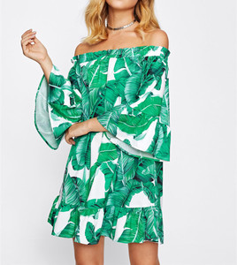 Otoño <span class=keywords><strong>de</strong></span> hombro Bardot <span class=keywords><strong>manga</strong></span> imprimir vestidos - Product Image 1