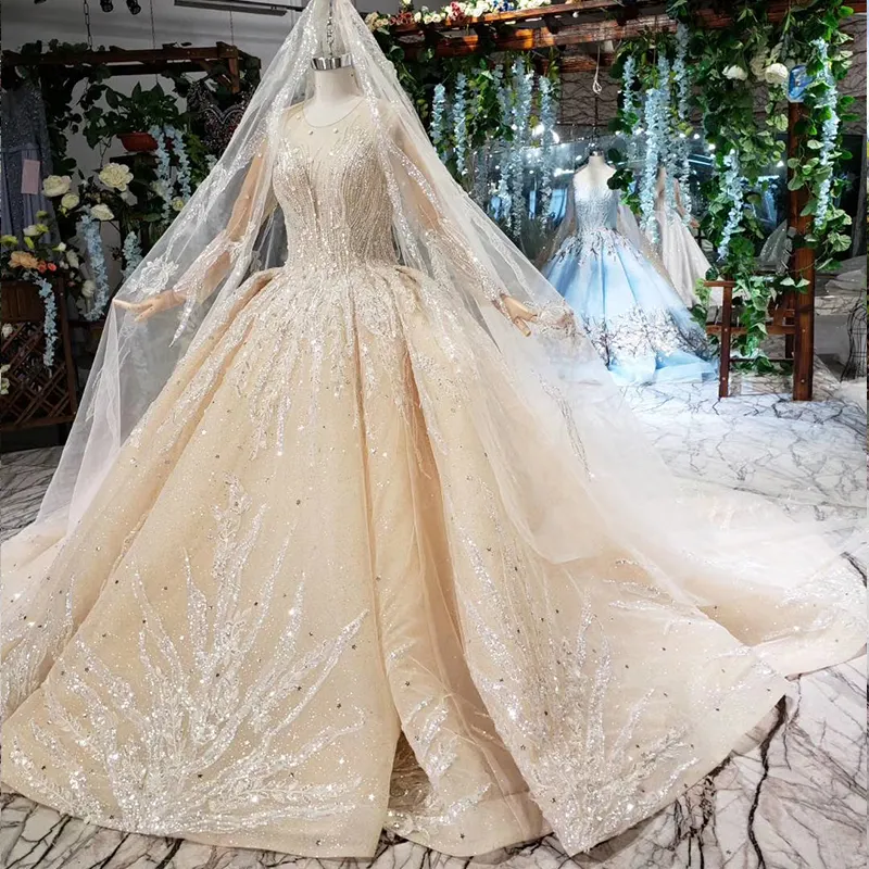 HTL462 Mẫu Thực Sự Champagne Dài Tay Áo Wedding Dress Bridal Gown Ren Cộng Với Kích Thước Sang Trọng Wedding Gowns