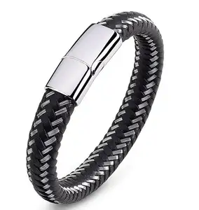 Wholesale Jewels Magnetic Buckle Cuff Bangle Mens Genuine Stainless Steel Braided Bracelets Leather