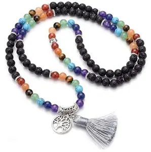 6 millimetri Naturale di Lava Vulcanica con Tree of Life di Fascino Nappa 108 Meditazione Guarigione 7 Chakra Mala di Preghiera Borda il Braccialetto/Collana