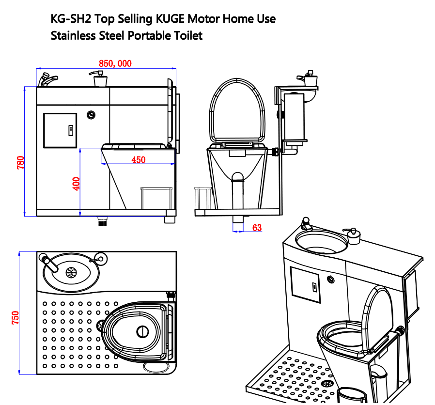 Kuge stainless steel rv toilet for bus one piece motor home western type of toilet bowl with sink