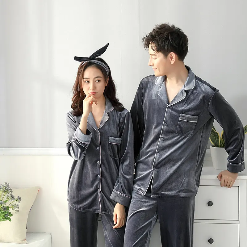 Couples winter flannel Nightwear satin long sleeve pajamas Sexy Nighty