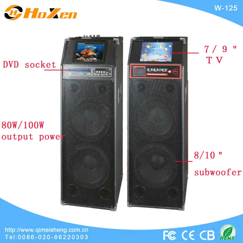 Professionelle leistungsfähige audio bühne boombox lautsprecher withusb/sd/fm/eq/dvd/7" oder 9" bildschirm/fernbedienung in guangzhou