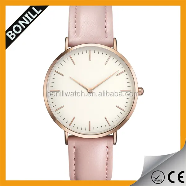 Etiqueta privada fabricante de relojes de rosa cara blanca correa de oro rosa Ladies cuarzo relojes concepto