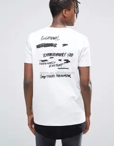 New Fashion Men Longline T-Shirt With Tupac Rose Front And Back Lyric Print Plain White Cotton Tee With Custom Logo Print