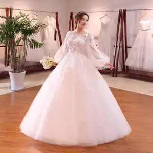 Vestido royal de noiva, vestido de noiva luxuoso com flores para casamento, de mangas compridas e com cadarço, 2018