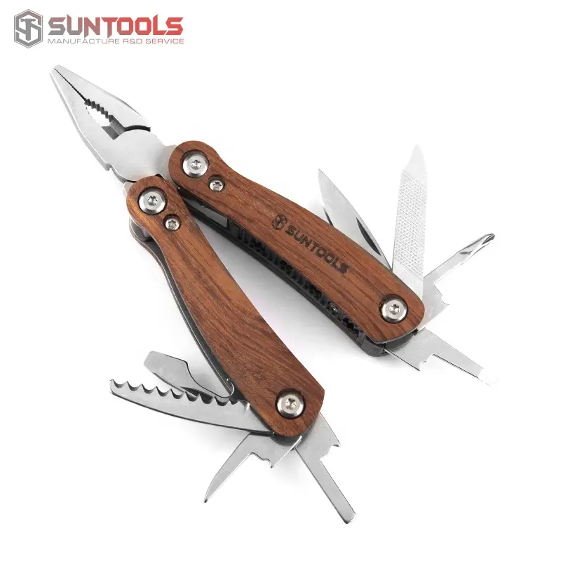 Top sell factory supply 12 in 1 mini multi tool with popular rose wood plier screwdriver bottle opener