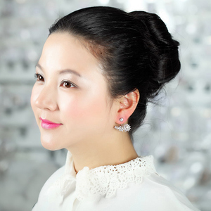 LUOTEEMI Wholesale Women Classic Rhodium Plated White Pearl CZ Crystal Flower Double Sided Jackets <strong>Ear</strong> <strong>Cuff</strong> <strong>Earrings</strong> - Product Image 3