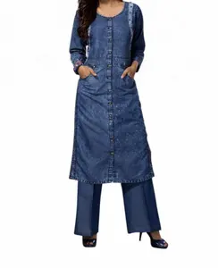 Royal Wolf Denim Dress Kurta Clothing Kurtis Denim Overall Dress Manufacturer Designer Button up Blue Casual Dresses Long Sleeve