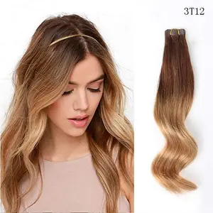Extensiones de cabello humano con cinta ombré, dos tonos, marrón oscuro, color rubio oscuro, 3T12