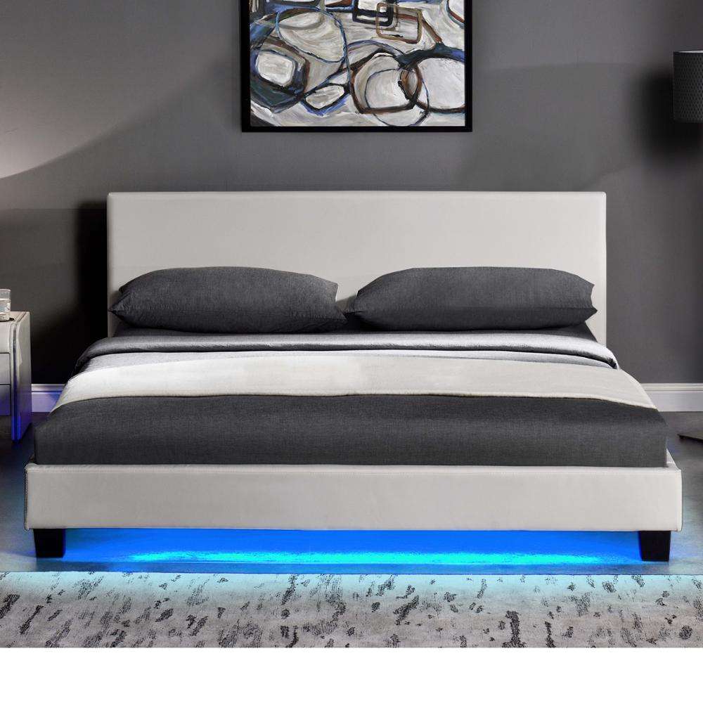 Design moderno branco e preto luz led cama de couro pu