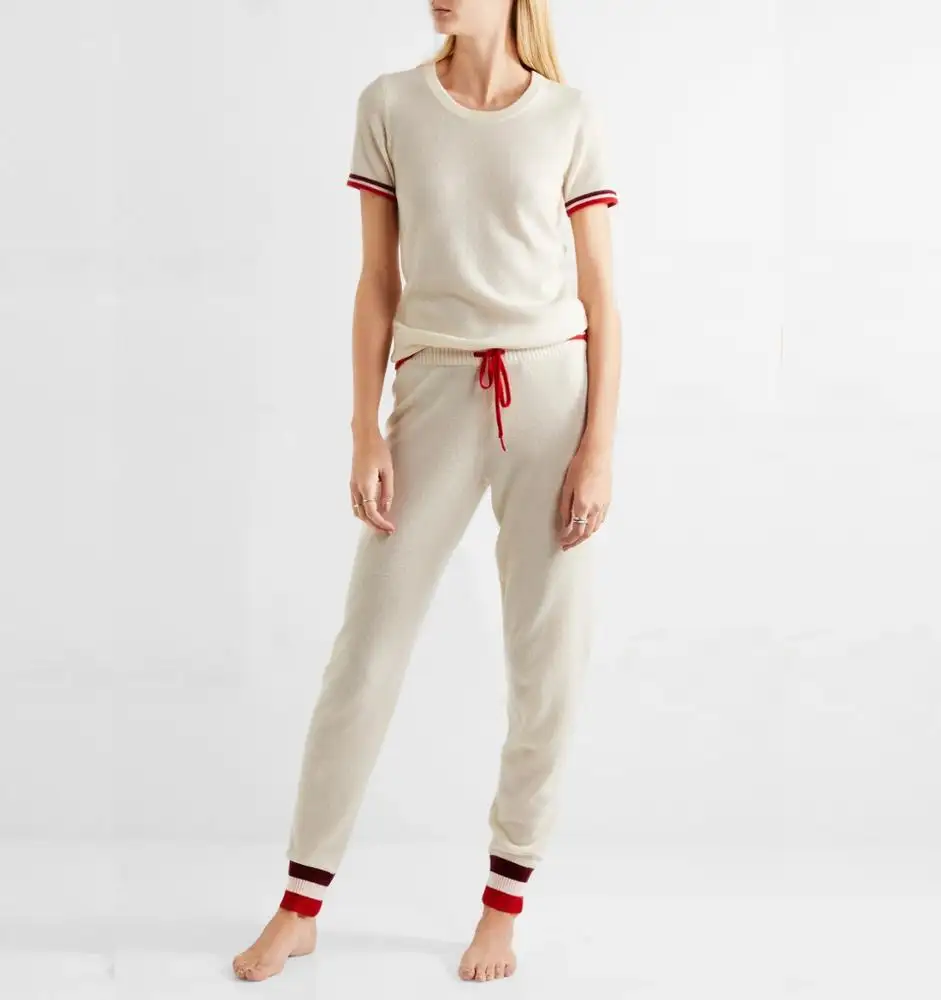 Ladies Spring cotton cashmere blend crop track suit with short sleeve