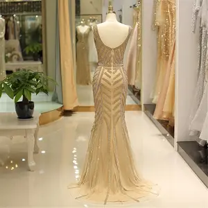 Gold Abendkleid Meerjungfrau Ballkleid Sexy Long Prom Kleid neue Perlen Prom Frau Kleid L60716