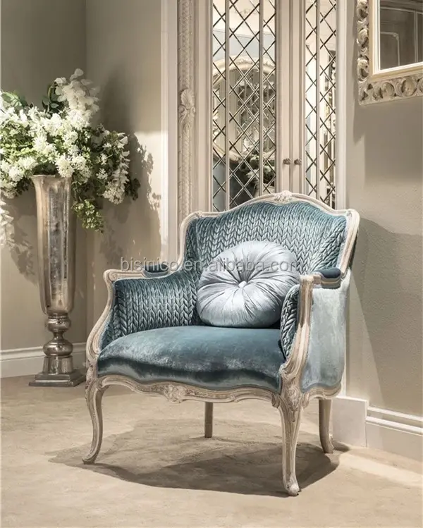 Mobiliário de sala de estar de princesa azul, elegante, cadeira de lazer esculpida de madeira sólida, cadeira clássica italiana