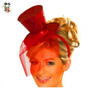 Christmas Party <strong>Red</strong> Glitter Burlesque Mini <strong>Top</strong> <strong>Hats</strong> with Veil HPC-0299 - Product Image 1