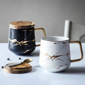 Royal Style Unique Fancy Gold Handle Coffee Ceramic <strong>Mug</strong> with <strong>Wooden</strong> Lid - Product Image 1