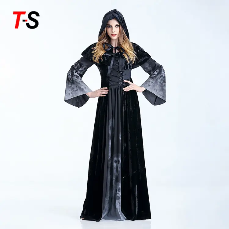 Fantasia personalizada preta de halloween, traje de bruxa para cosplay, festa, natal, roupa