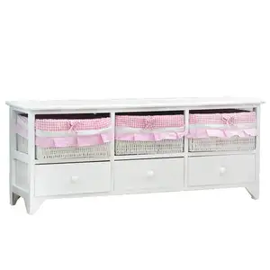 Wit Commode Bench Kast van Drawers Opslag Kant Kast met 3 Laden en 3 Rieten Manden