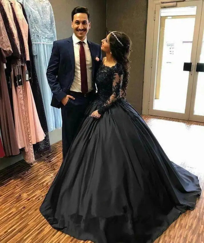 긴 소매 두바이 겸손한 페르시 볼 가운 블랙 이슬람 웨딩 드레스