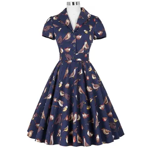 BP000161-1 Belle Poque Stock Retro Vintage Short Sleeve Birds Pattern Cotton Retro Dress 50s