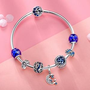 BAGREER SCB801 יוקרה דפוס 925 עדין ירח עם כוכב חרוזים כסף קסמי צמיד DIY ליידי CZ כחול אבן צמיד - Product Image 2