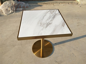 Mesa de Comedor Moderna de Acero Inoxidable Dorado con Cubierta de Mármol Cuadrada para Cafetería - Product Image 3