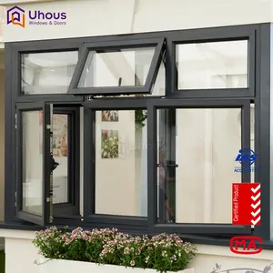 Ventanas y puertas de aluminio personalizadas, ventanas abatibles de vidrio templado doble de fábrica, ventanas abatibles de aluminio