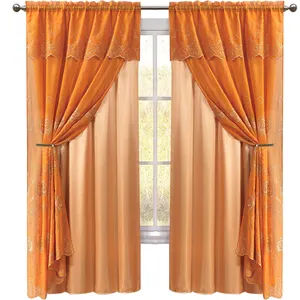 Cortinas bordadas con cenefa naranja para ventanas, 100% poliéster, estilo americano de lujo, venta al por mayor