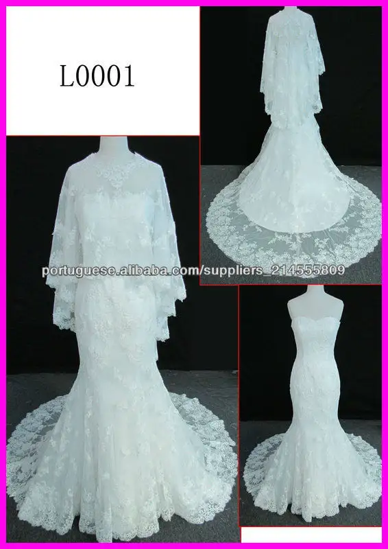 2014 Guangzhou Alibaba longo de tule vestidos de casamento do laço do vintage da sereia / vestido de noiva com mangas destacávei