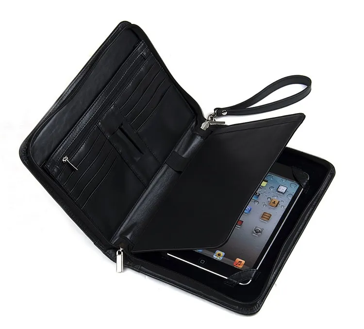 Top Quality Black Luxury Leather PortfolioとWrist StrapためiPad Mini 4とSmall Notepad