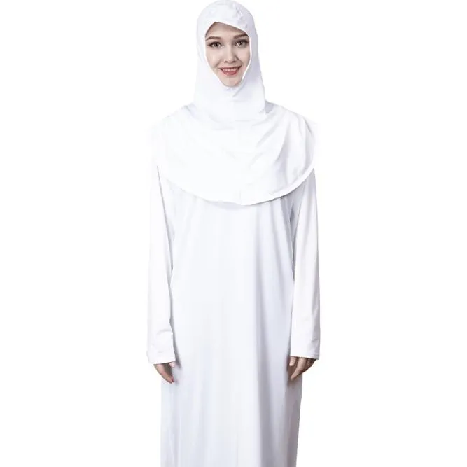 Yeni varış Dubai İslami giyim Abaya kadınlar katı yüksek streç polyester beyaz tek parça müslüman namaz elbise