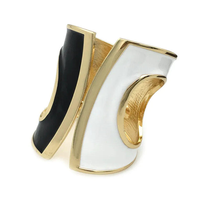 HANSIDON Elegant Oil-spot glaze Punk Big Cuff Bangle Bracelets Opened Statement Black mix White Tone Alloy Hand Jewelry