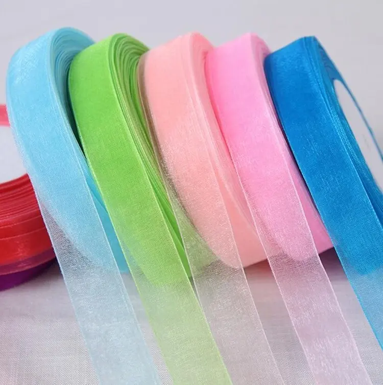 Factory customised 196 colors 100% polyester colorful organza ribbon eco friendly plain sheer organza ribbon roll